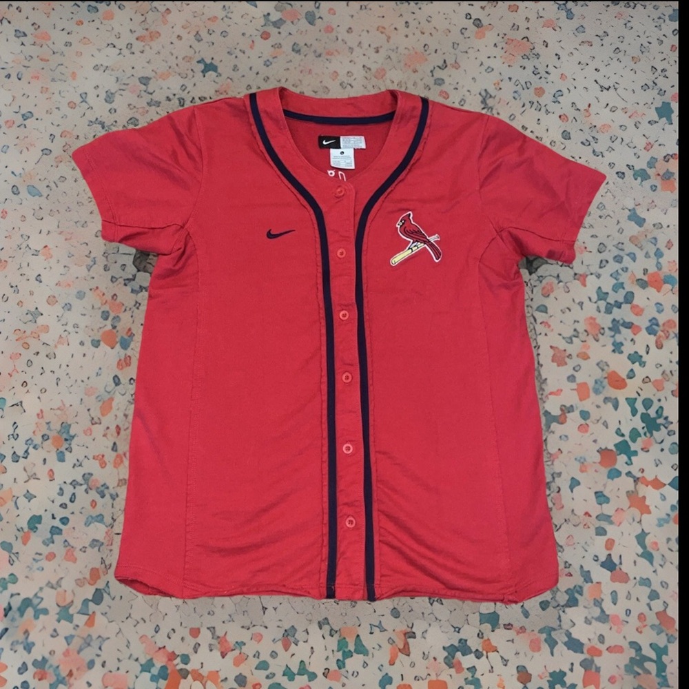 VINTAGE NIKE ST. LOUIS CARDINALS MLB BASEBALL Button Up Jersey Fringe Trim